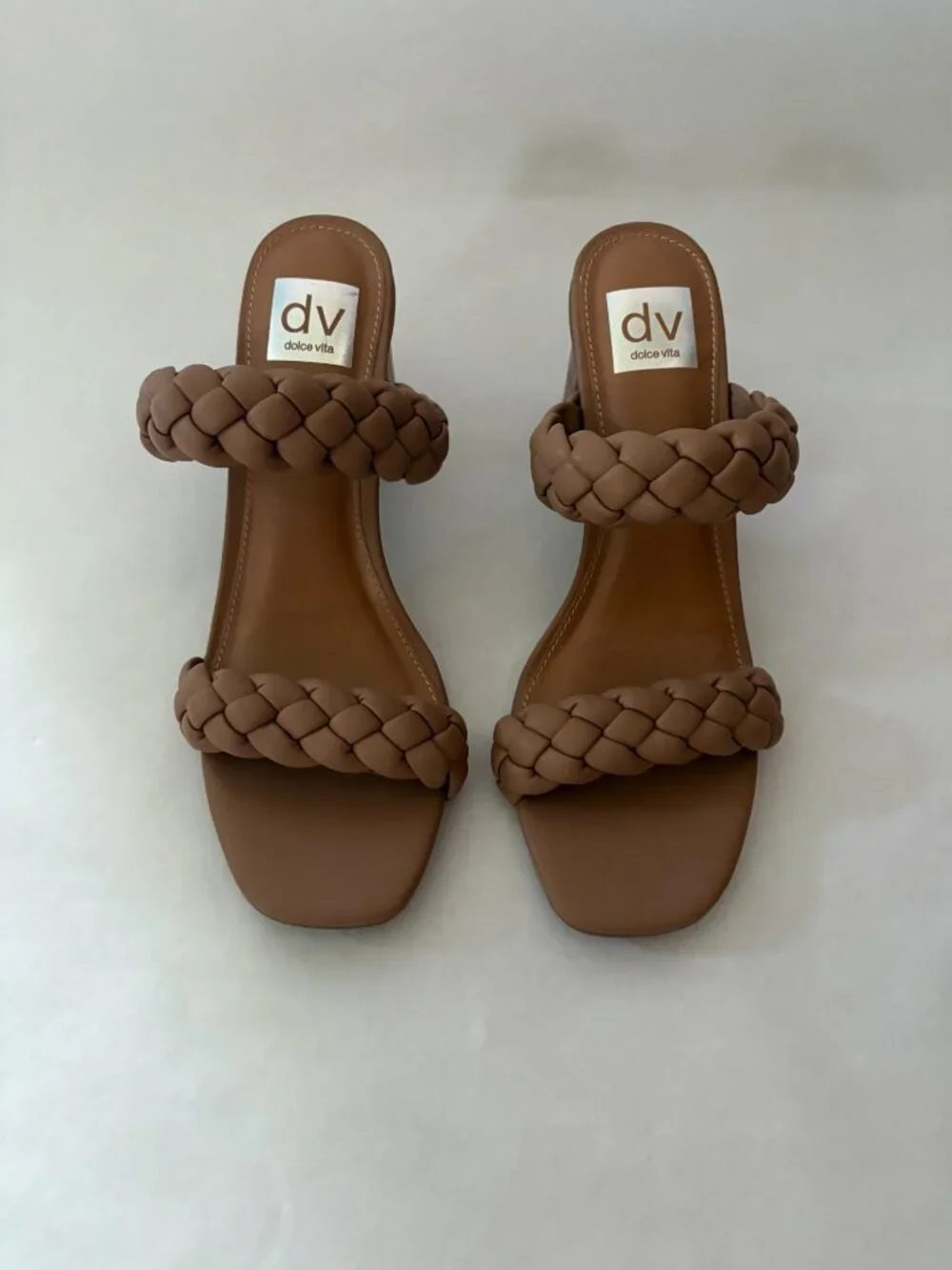 New Dolce Vita Tan Braided Leather Slides Block Heels Size 8.5